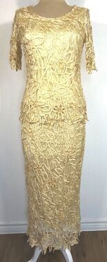 Soulmates 100% Silk Gold Beaded Crochet Lace Top Maxi Skirt Set M Formal Dress